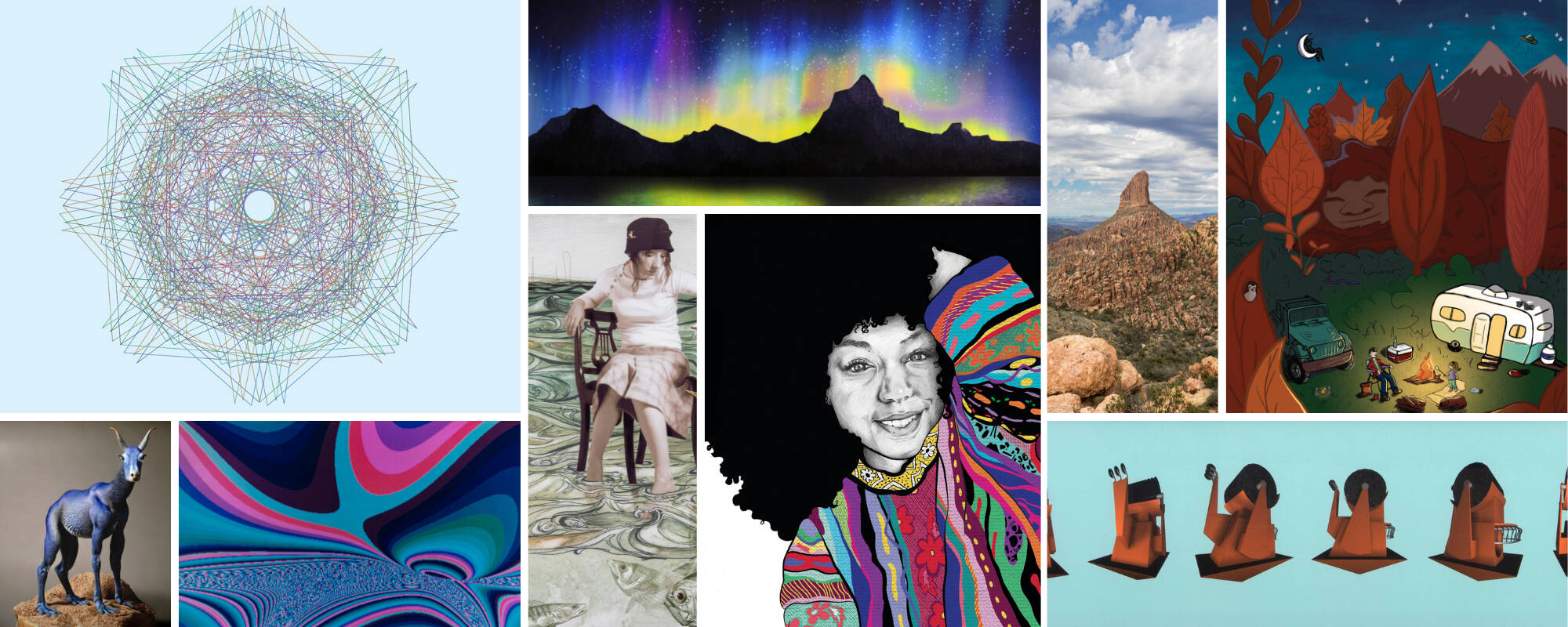 Collage of nine different images from the GVSU Art Museum Collection that relate to the theme art and technology